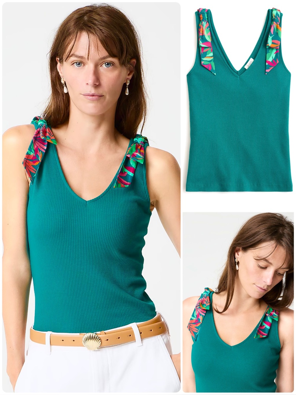 J. Crew Contrasting Floral Bow-Shoulder Tank Top Slim Fit Hits at Hip Stretch